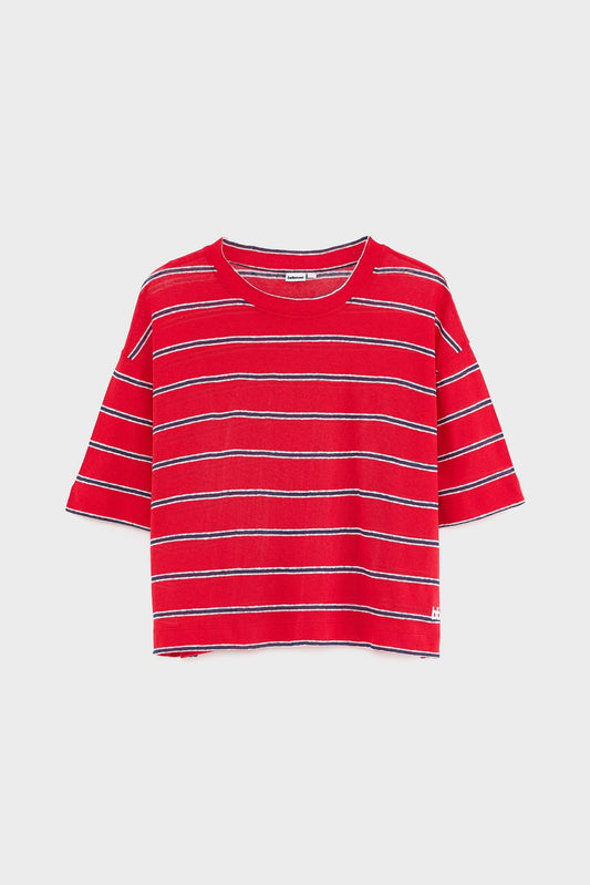 Unisex T-Shirt Cotton-Linen Jersey - Red and Blue Striped Stripe-A