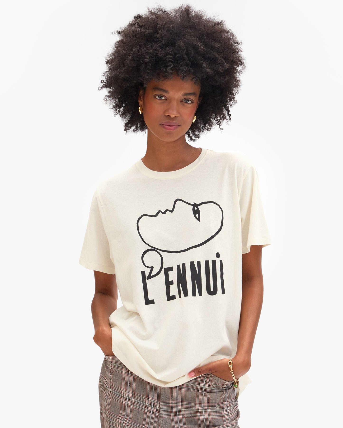 Clare V. Women's L'Ennui Graphic T-Shirt Cotton Linen Blend - Cream