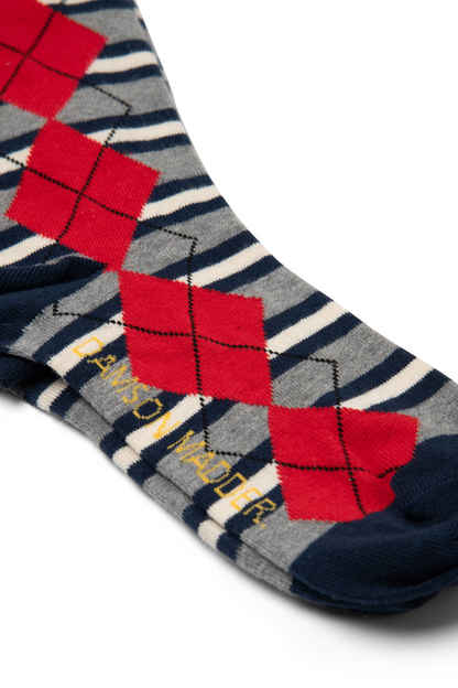 Damson Madder Women's Calf Length Socks Organic Cotton Blend Argyle - Navy-Grey Navy-Grey-Argyle