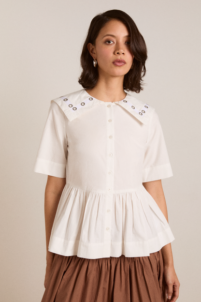 Damson Madder Women's Cyrus Eyelet Blouse in 100% Organic Cotton - White