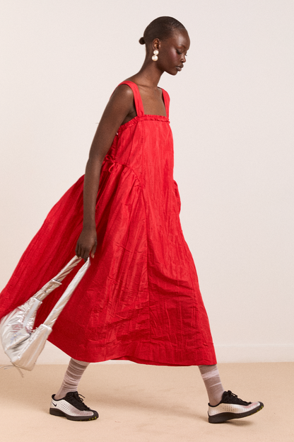 Damson Madder Women's Elina Midi Dress 100% Recycled Polyester Taffeta - Red