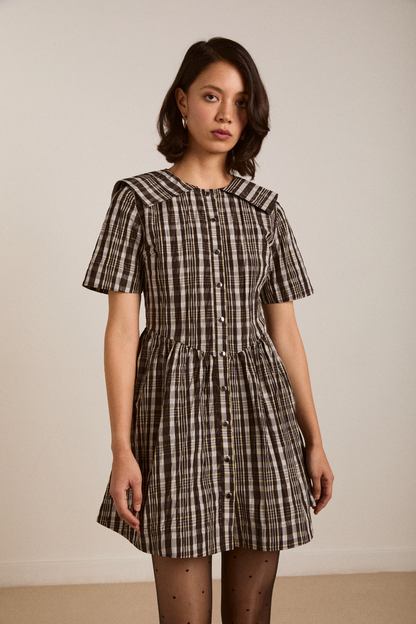 Damson Madder Women's Miley Mini Dress 100% Recycled Polyester Taffeta - Yellow-Check