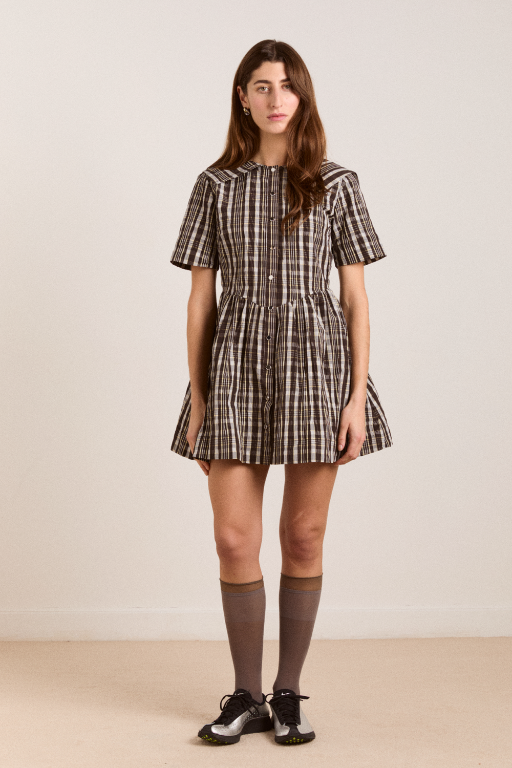 Damson Madder Women's Miley Mini Dress 100% Recycled Polyester Taffeta - Yellow-Check