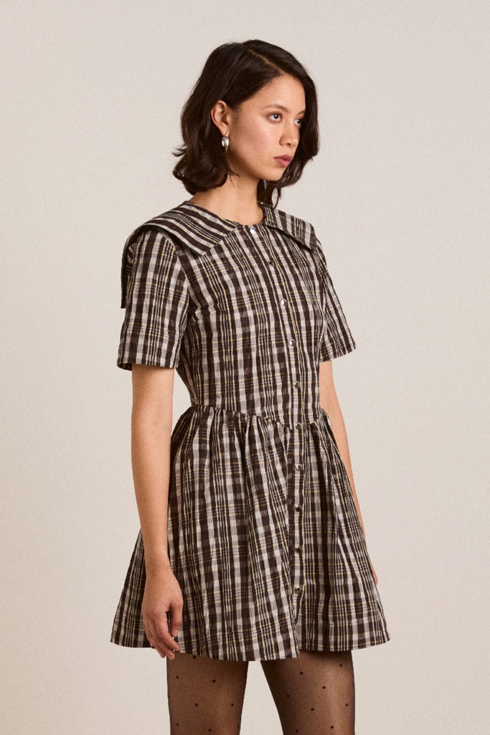 Damson Madder Women's Miley Mini Dress 100% Recycled Polyester Taffeta - Yellow-Check