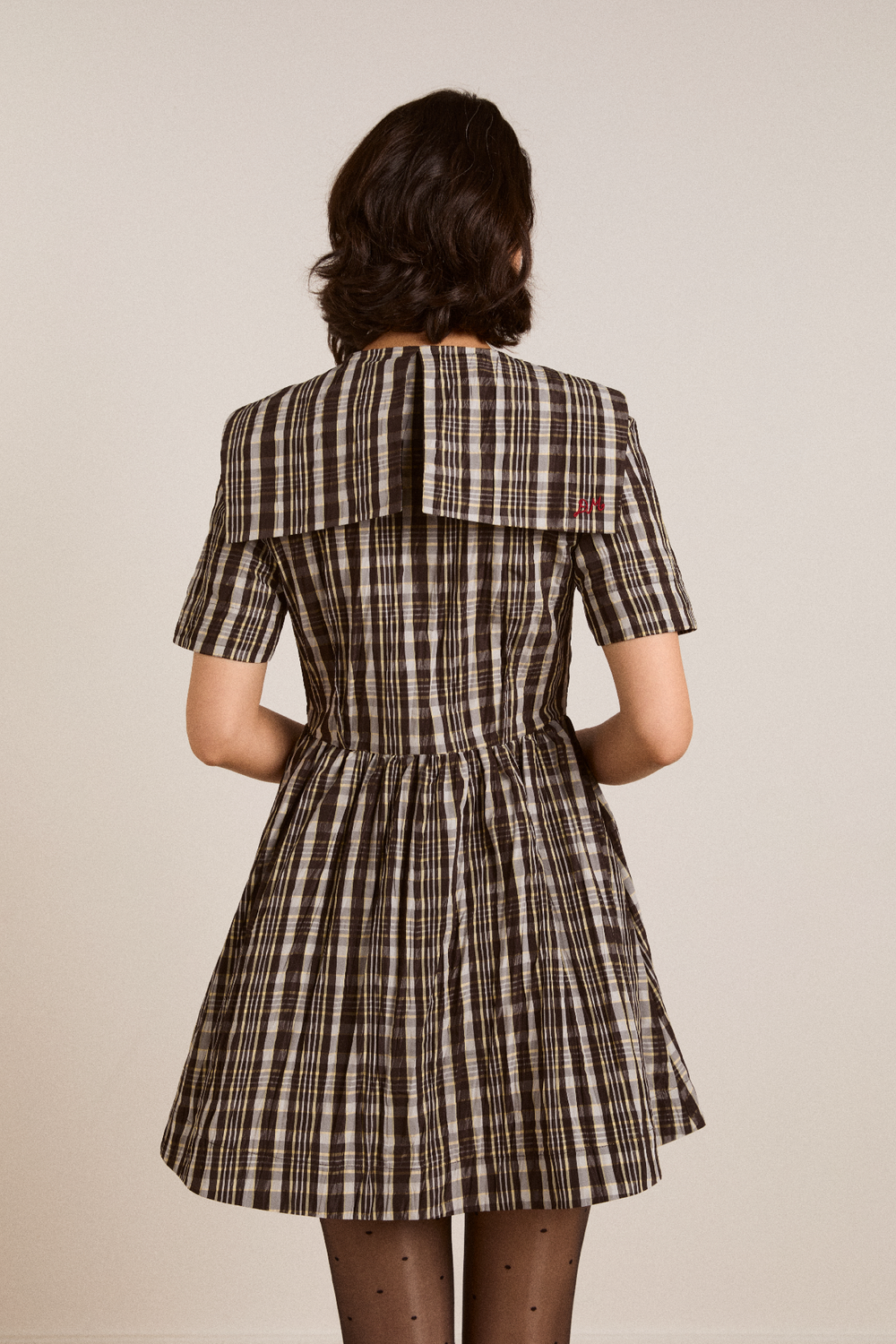 Damson Madder Women's Miley Mini Dress 100% Recycled Polyester Taffeta - Yellow-Check