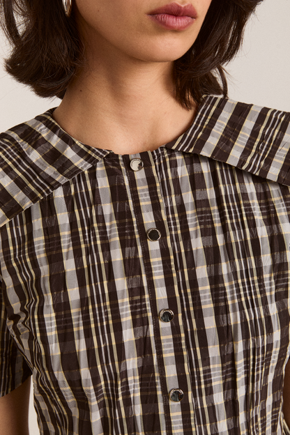 Damson Madder Women's Miley Mini Dress 100% Recycled Polyester Taffeta - Yellow-Check