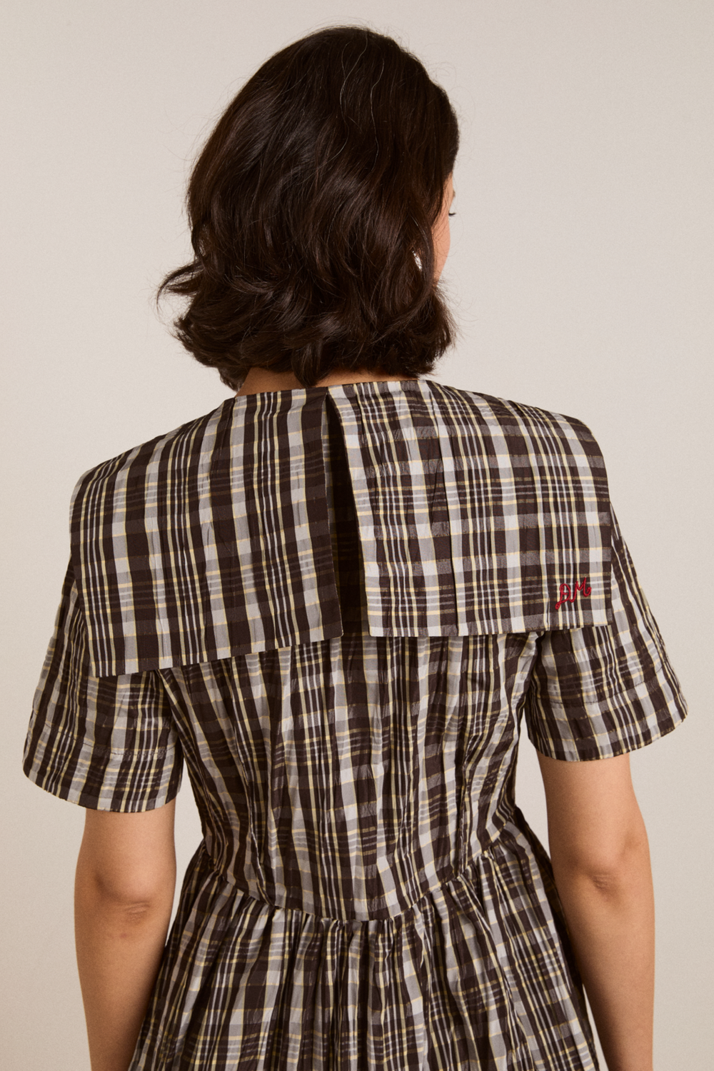 Damson Madder Women's Miley Mini Dress 100% Recycled Polyester Taffeta - Yellow-Check