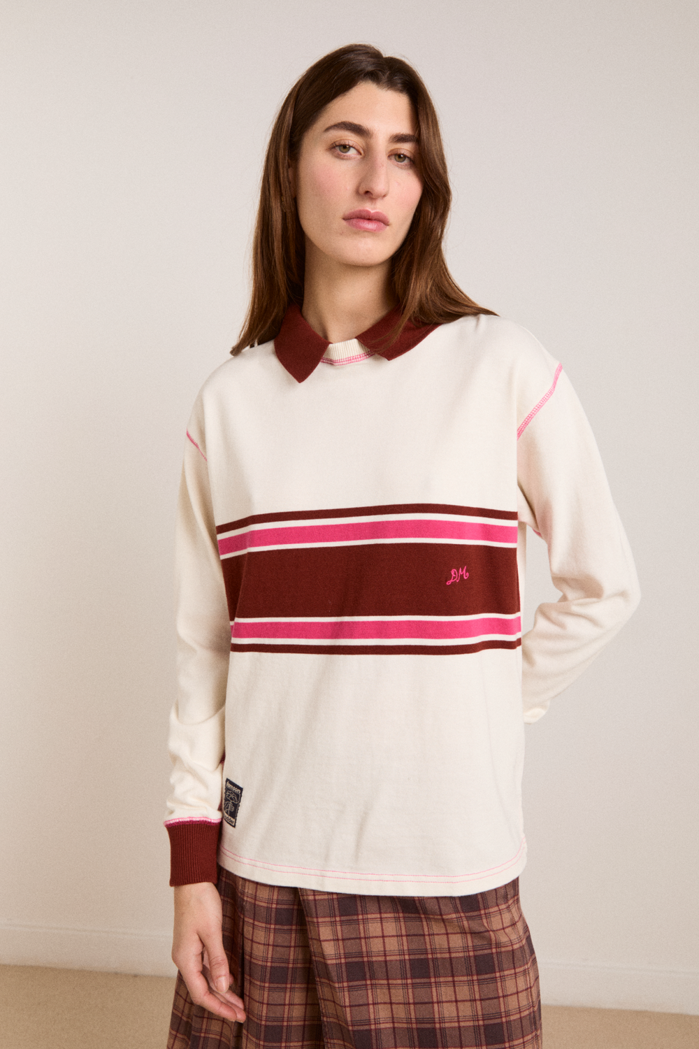 Damson Madder Women's Olina Placement Rugby Sweatshirt 100% Organic Cotton - Ecru Stripe Rugby-Ecru-Stripe