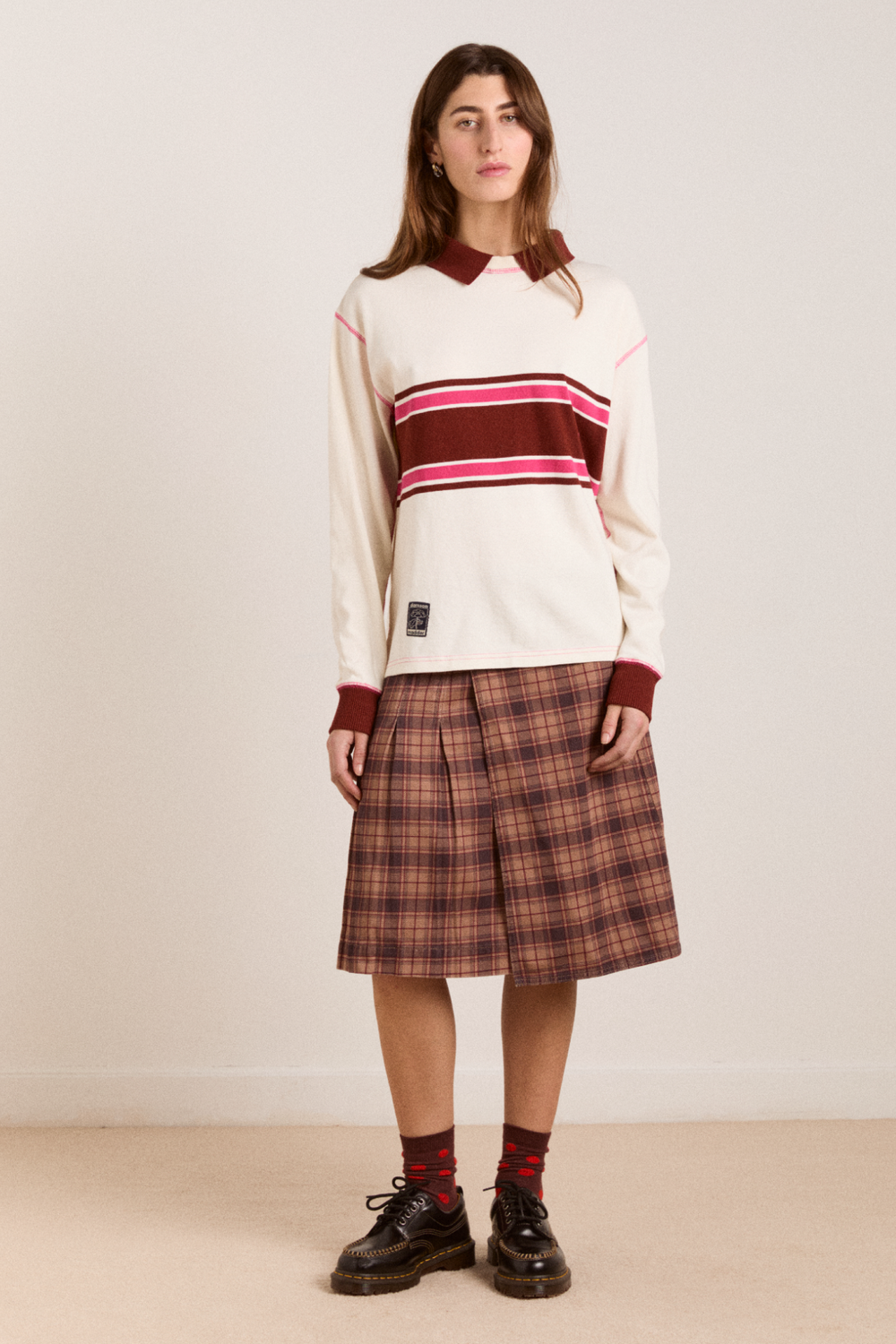 Damson Madder Women's Olina Placement Rugby Sweatshirt 100% Organic Cotton - Ecru Stripe Rugby-Ecru-Stripe