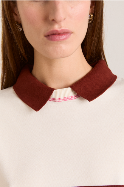 Damson Madder Women's Olina Placement Rugby Sweatshirt 100% Organic Cotton - Ecru Stripe Rugby-Ecru-Stripe