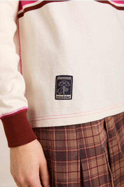 Damson Madder Women's Olina Placement Rugby Sweatshirt 100% Organic Cotton - Ecru Stripe Rugby-Ecru-Stripe