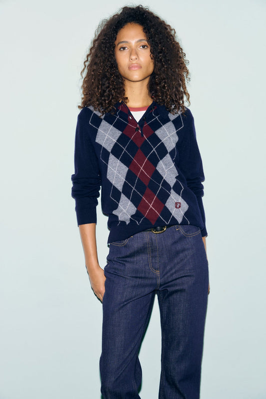 Gerard Darel | Rena Polo Pullover - Diamond Knit Navy