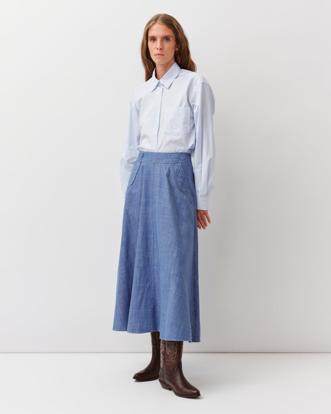 Women's Long Flared Skirt Premium Woven Fabric - Blue 1-Bleu