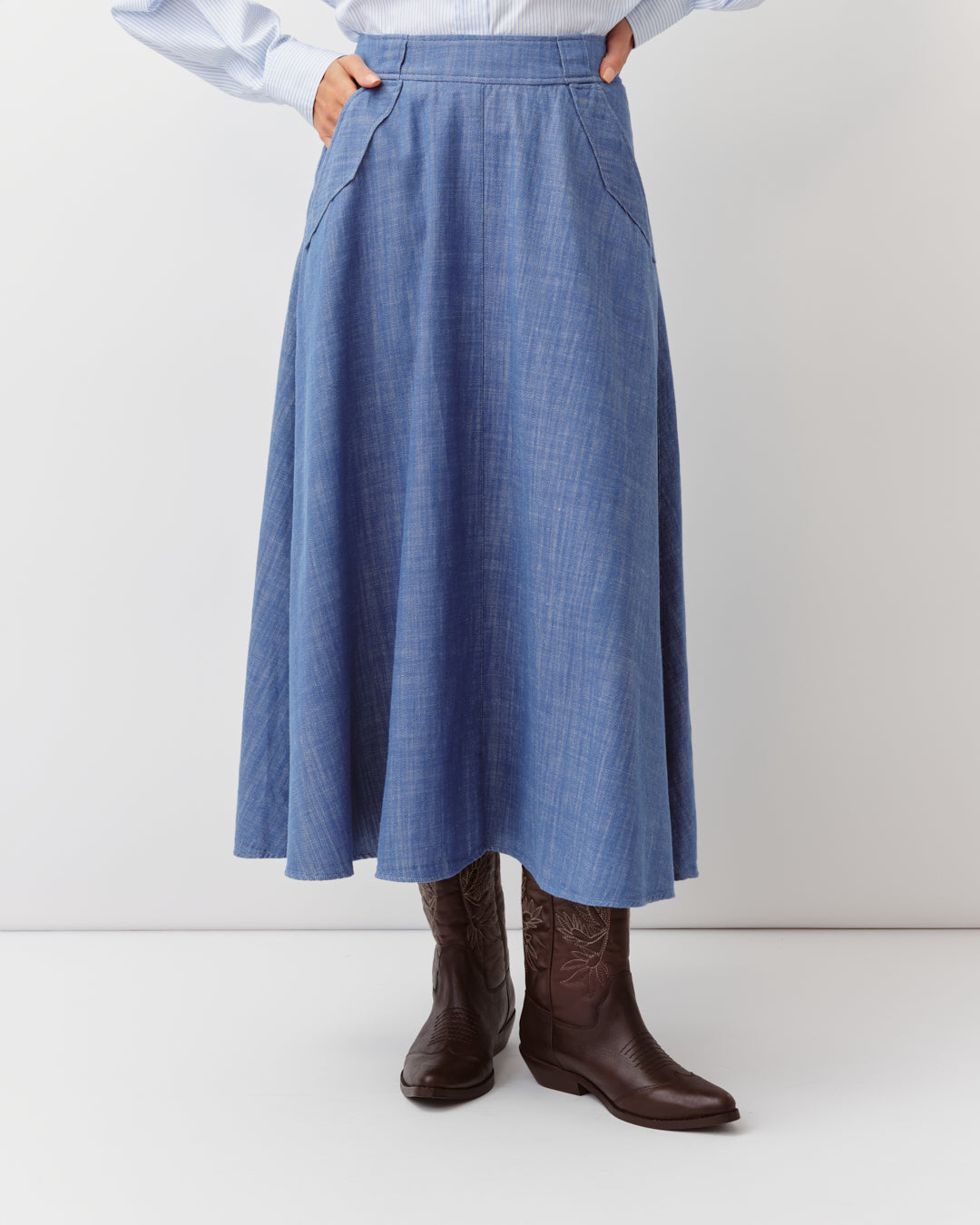 Women's Long Flared Skirt Premium Woven Fabric - Blue 1-Bleu