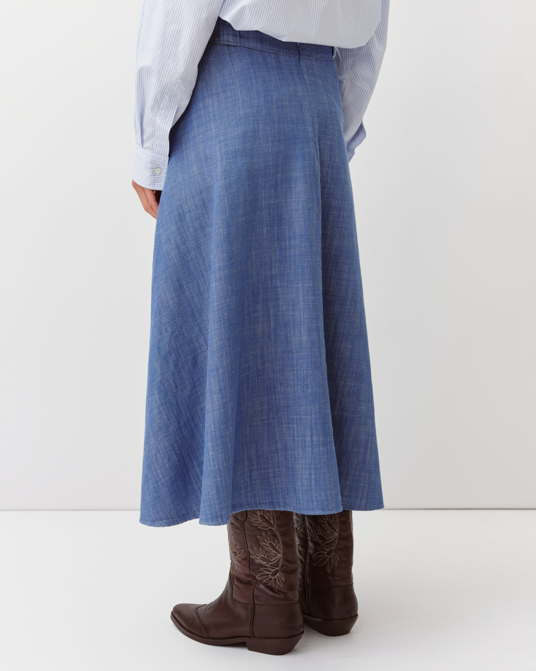 Women's Long Flared Skirt Premium Woven Fabric - Blue 1-Bleu
