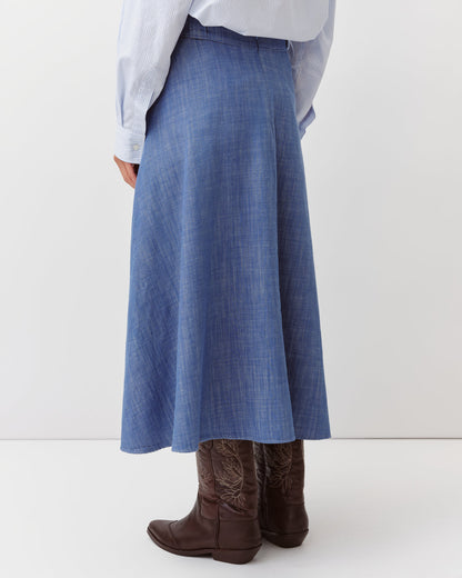 Women's Long Flared Skirt Premium Woven Fabric - Blue 1-Bleu