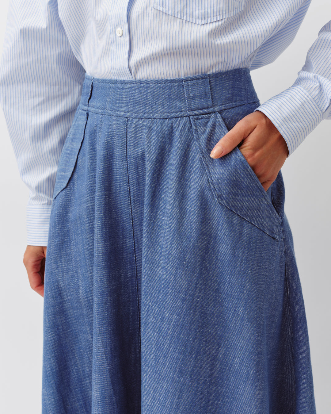 Women's Long Flared Skirt Premium Woven Fabric - Blue 1-Bleu
