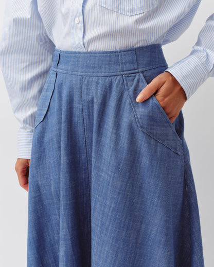 Women's Long Flared Skirt Premium Woven Fabric - Blue 1-Bleu