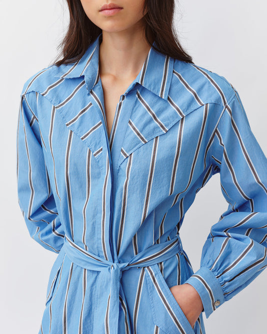 Women's Shirt Dress 100% Cotton Poplin - Blue Chocolate 1-Bleu-Chocolat