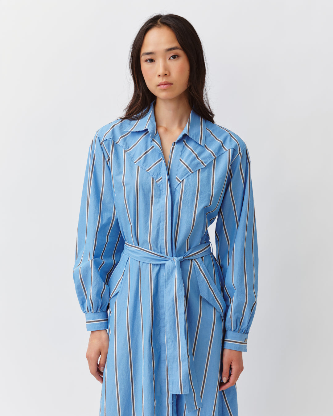 Women's Shirt Dress 100% Cotton Poplin - Blue Chocolate 1-Bleu-Chocolat