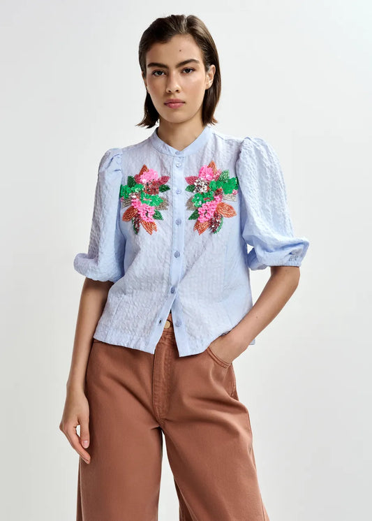 Women's Button-Down Shirt 100% Cotton Poplin - Mint Leaf Nile-Blue