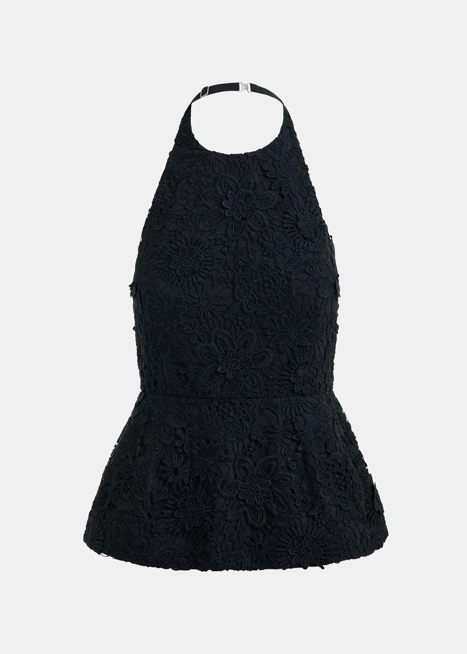 Women Halter Neck Peplum Top Delicate Floral Lace - Black