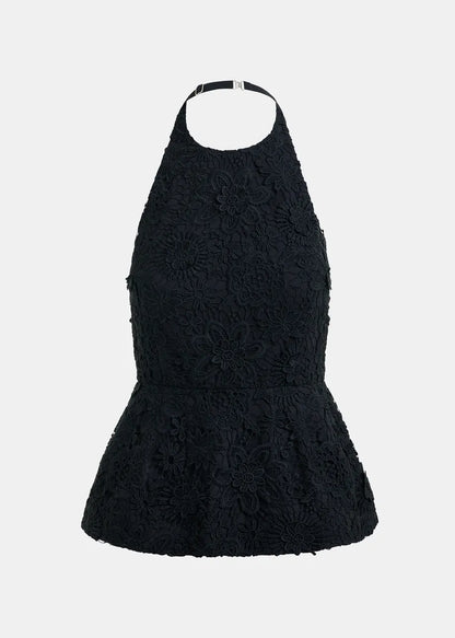 Women Halter Neck Peplum Top Delicate Floral Lace - Black