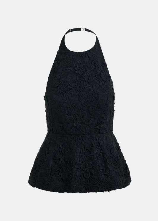 Women Halter Neck Peplum Top Delicate Floral Lace - Black
