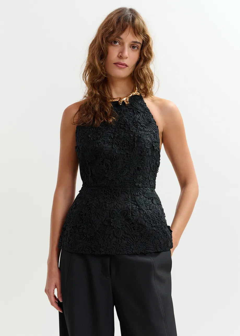Women Halter Neck Peplum Top Delicate Floral Lace - Black
