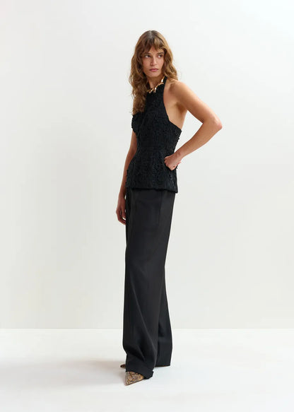 Women Halter Neck Peplum Top Delicate Floral Lace - Black