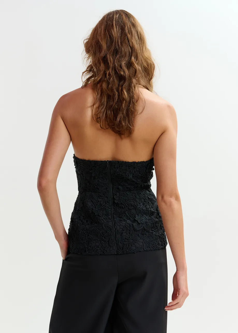 Women Halter Neck Peplum Top Delicate Floral Lace - Black