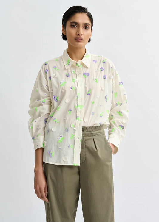 Women Button-Down Shirt Embellished 100 Percent Cotton - Nile Blue