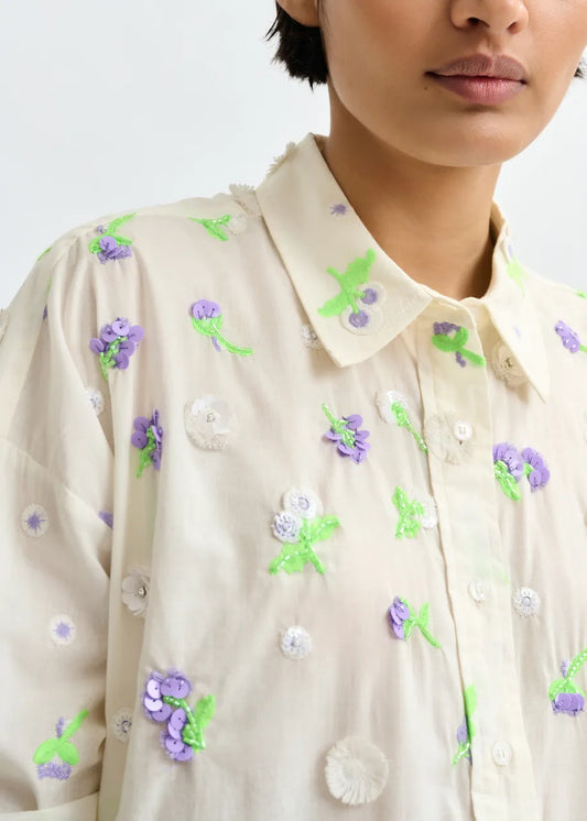 Women Button-Down Shirt Embellished 100 Percent Cotton - Nile Blue