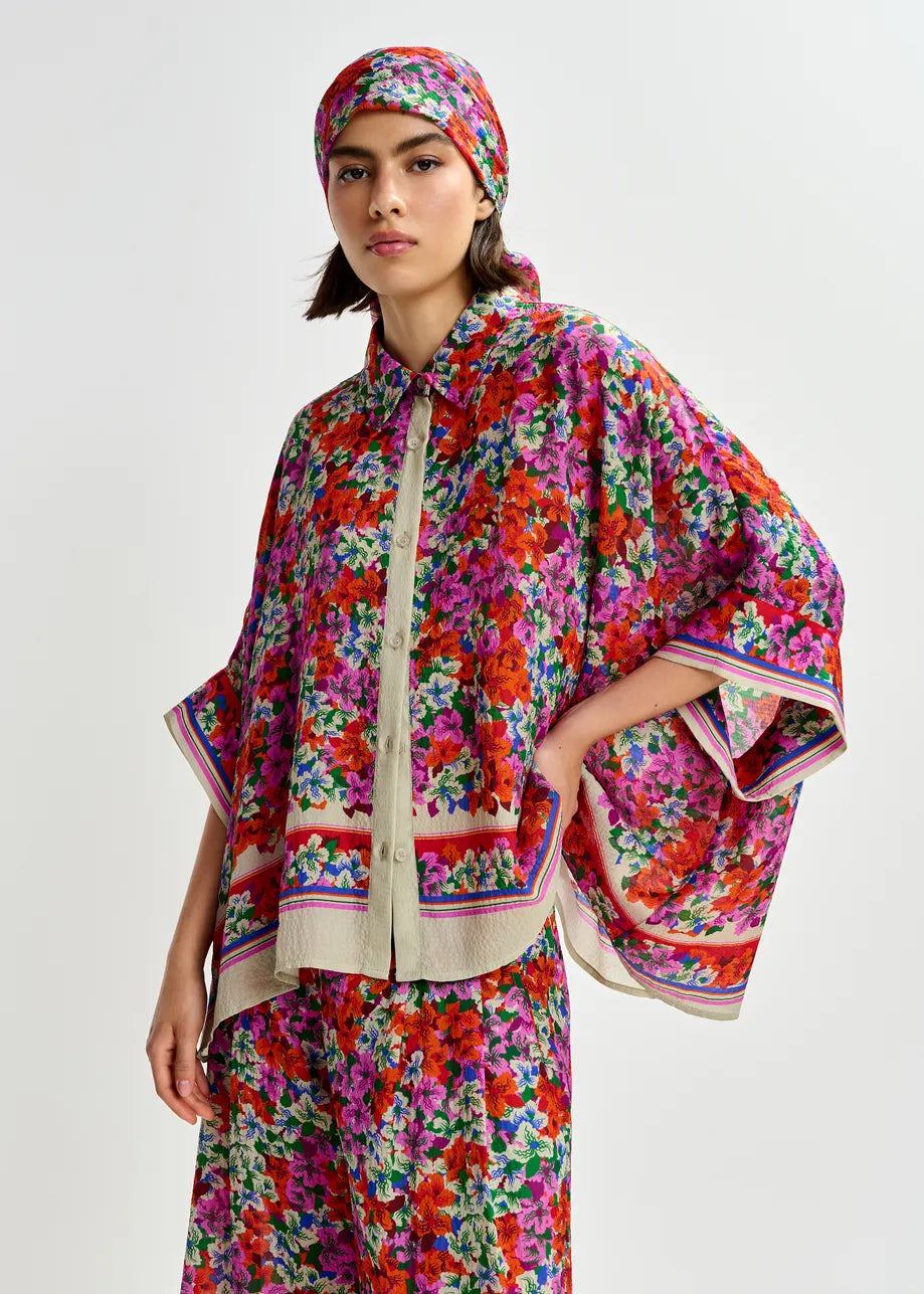 Women Elegant Oversized Blouse Silk-Blend- Fire-Glow