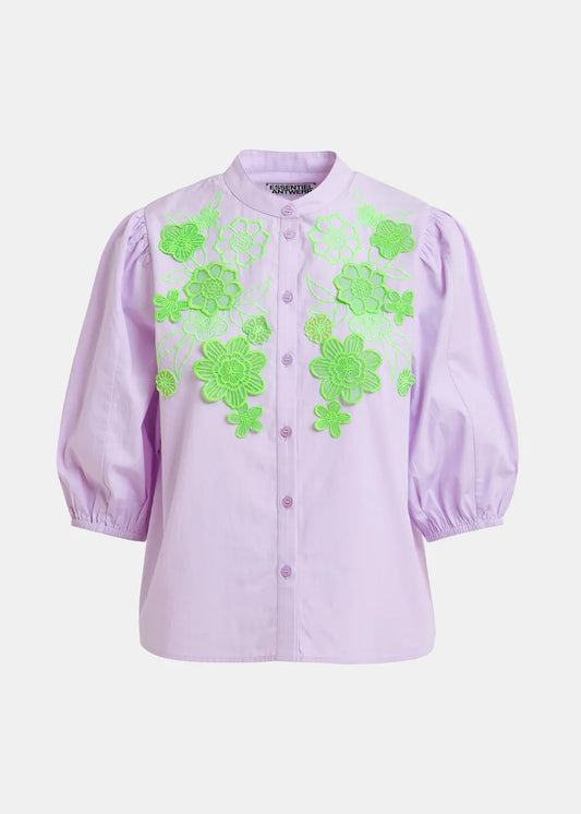 Variation 1: Women's Button-Down Blouse With Embroidered Flowers Cotton Poplin - Mint Leaf Baby-Grape
