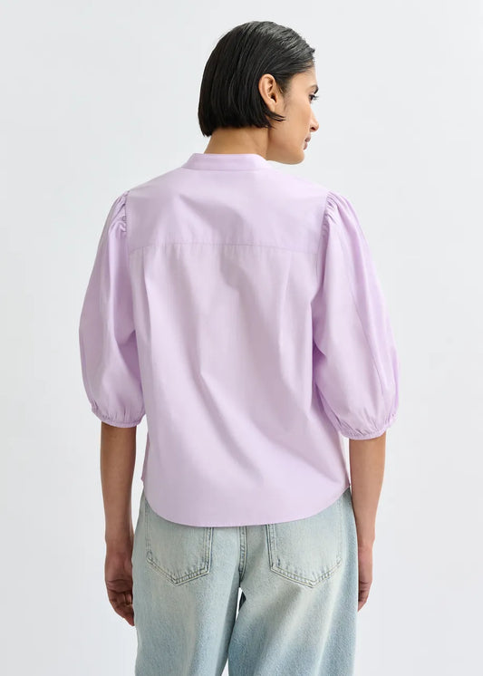 Variation 1: Women's Button-Down Blouse With Embroidered Flowers Cotton Poplin - Mint Leaf Baby-Grape