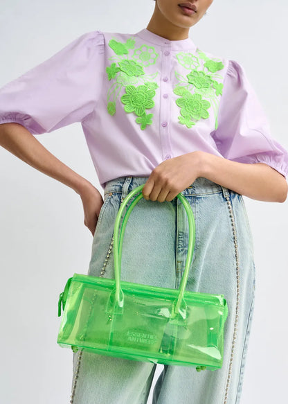 Variation 1: Women's Button-Down Blouse With Embroidered Flowers Cotton Poplin - Mint Leaf Baby-Grape