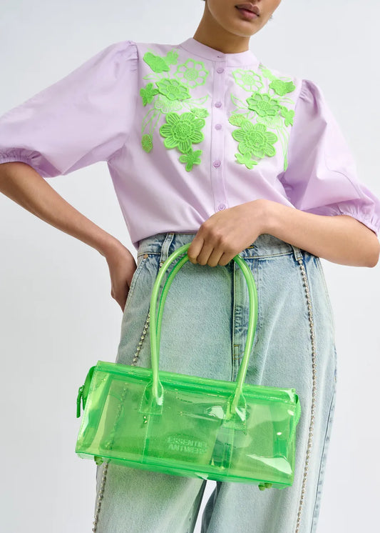 Variation 1: Women's Button-Down Blouse With Embroidered Flowers Cotton Poplin - Mint Leaf Baby-Grape