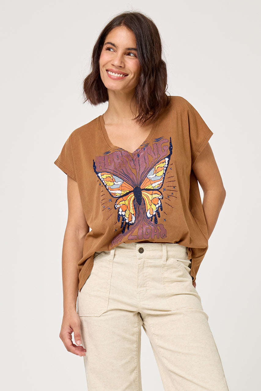 Five Women's Butterfly Graphic T-Shirt 100% Cotton -  Brown Chocolate