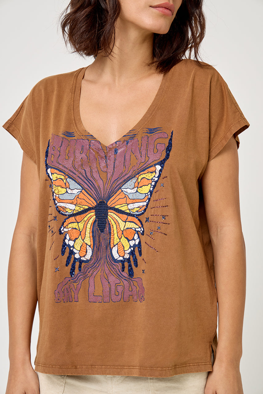 Five Women's Butterfly Graphic T-Shirt 100% Cotton -  Brown Chocolate