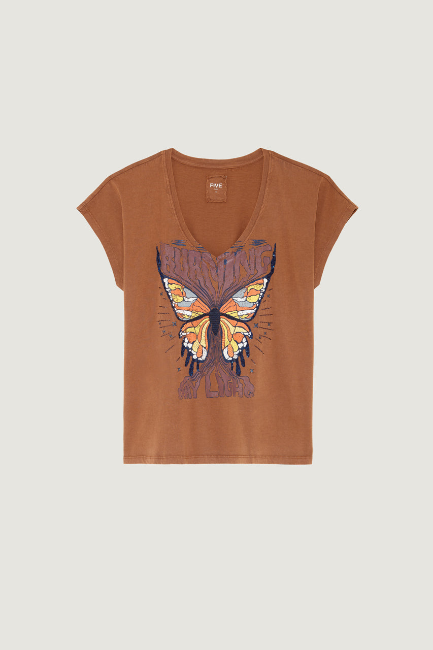 Five Women's Butterfly Graphic T-Shirt 100% Cotton -  Brown Chocolate