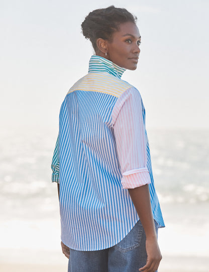 Women's Button-Down Blouse 100% Cotton Poplin - Mint Leaf Colorblock-Stripe