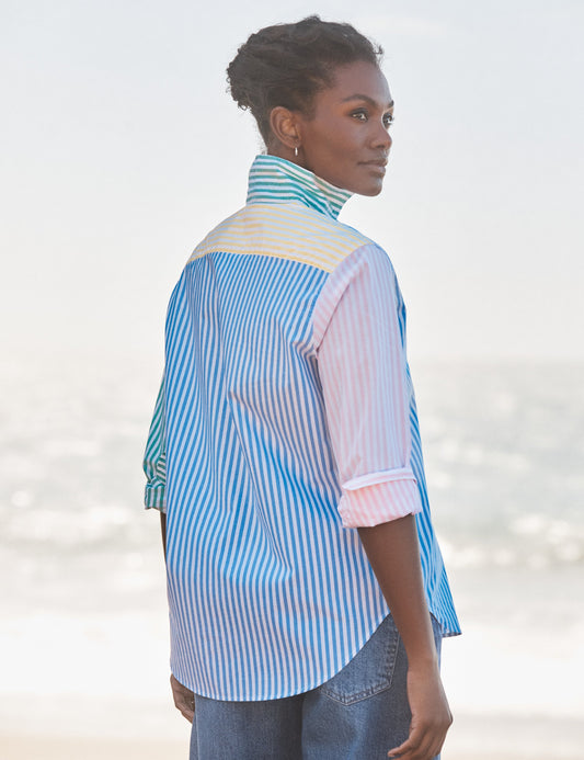 Women's Button-Down Blouse 100% Cotton Poplin - Mint Leaf Colorblock-Stripe