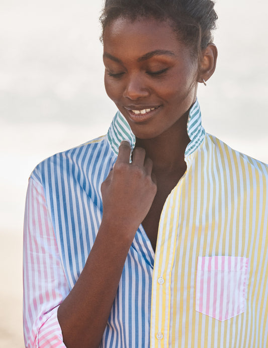 Women's Button-Down Blouse 100% Cotton Poplin - Mint Leaf Colorblock-Stripe