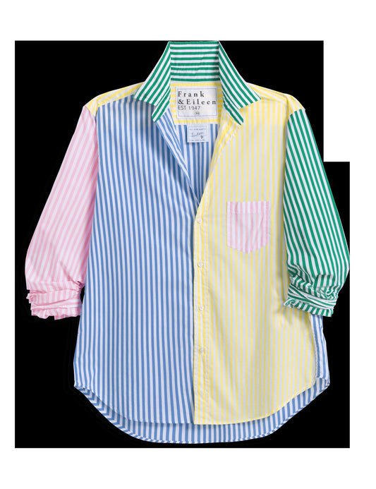 Women's Button-Down Blouse 100% Cotton Poplin - Mint Leaf Colorblock-Stripe