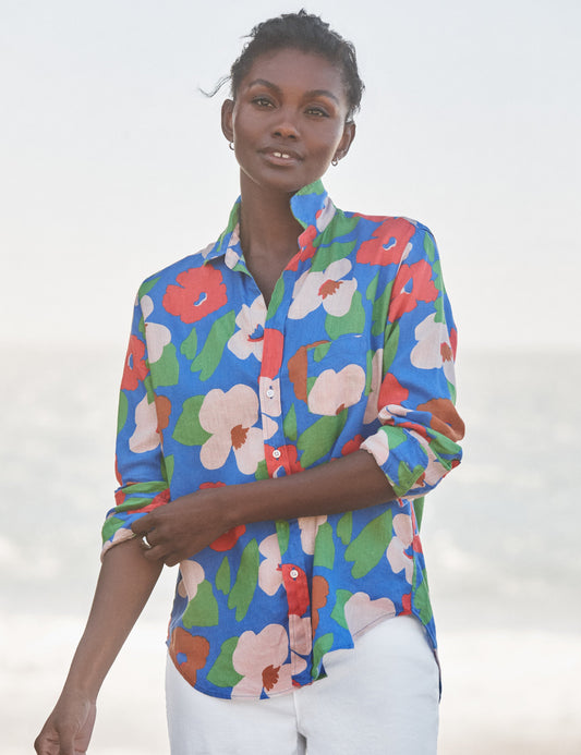 Women's Button-Down Shirt 100% Linen - Bright-Blue-Floral
