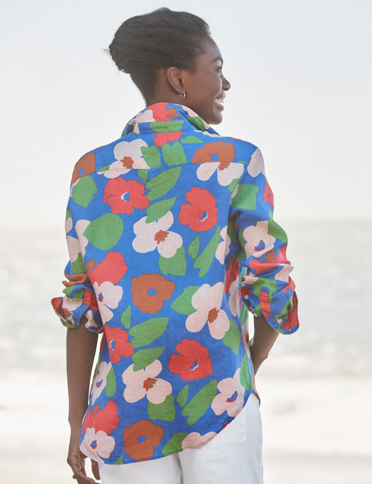 Women's Button-Down Shirt 100% Linen - Bright-Blue-Floral