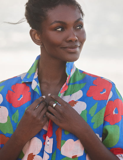 Women's Button-Down Shirt 100% Linen - Bright-Blue-Floral