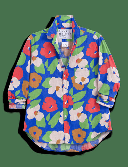 Women's Button-Down Shirt 100% Linen - Bright-Blue-Floral