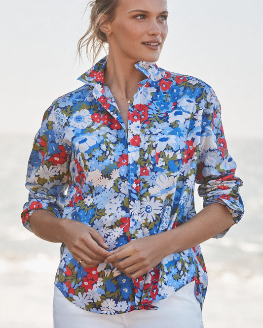 Women's Button-Down Blouse Linen - Red-Green-Navy-Multi